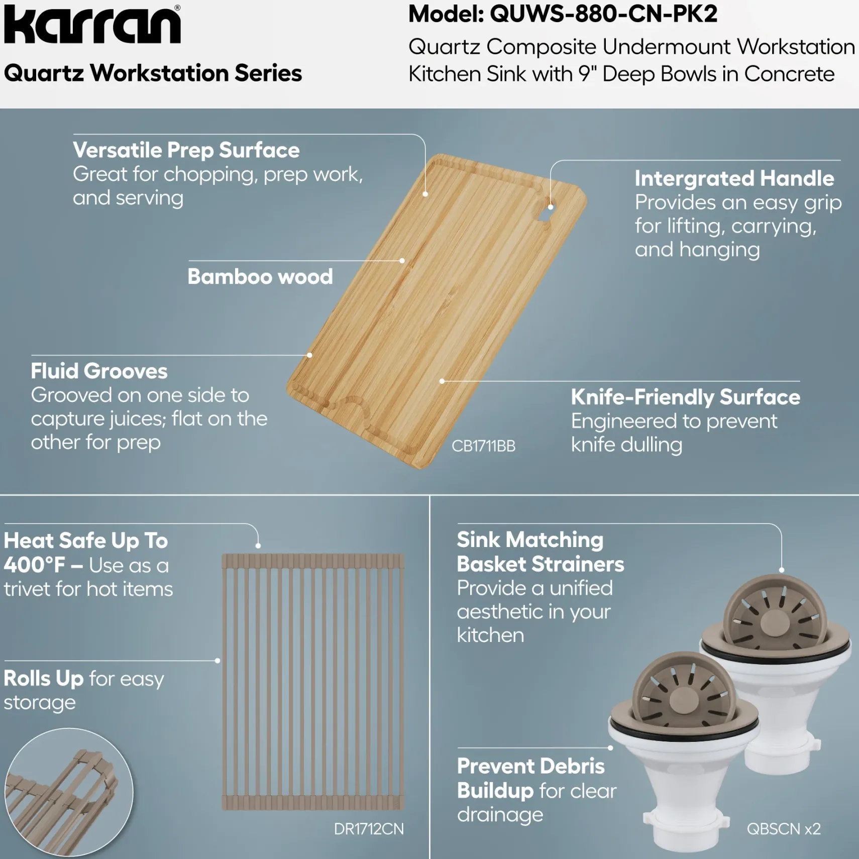 Karran 32" Undermount Quartz Composite Workstation Kitchen Sink, 50/50 Double Bowl, Concrete, QUWS-880-CN-PK2