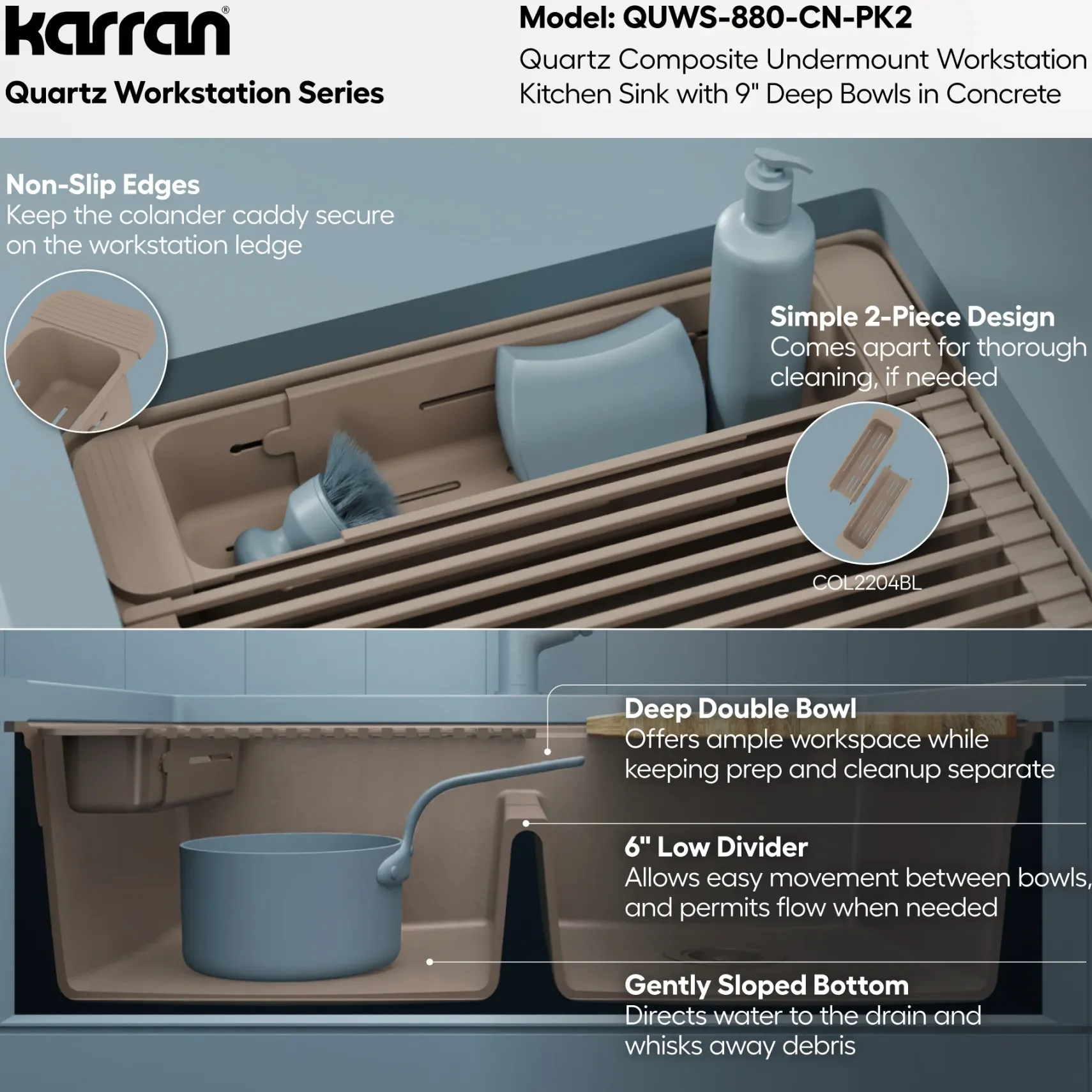 Karran 32" Undermount Quartz Composite Workstation Kitchen Sink, 50/50 Double Bowl, Concrete, QUWS-880-CN-PK2