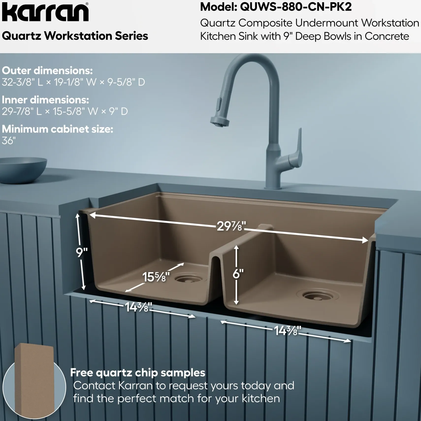 Karran 32" Undermount Quartz Composite Workstation Kitchen Sink, 50/50 Double Bowl, Concrete, QUWS-880-CN-PK2