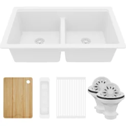 Karran 32" Undermount Quartz Composite Workstation Kitchen Sink, 50/50 Double Bowl, White, QUWS-880-WH-PK2