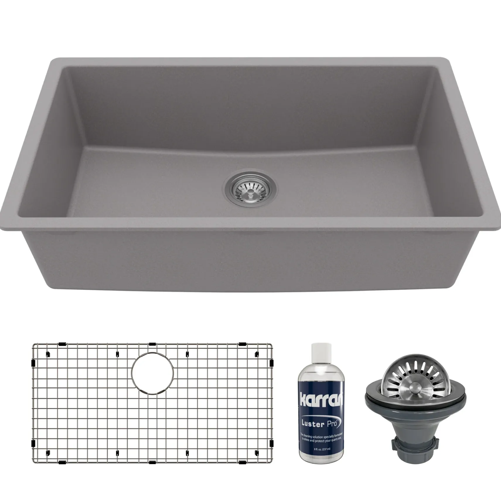 Karran 32" Undermount Quartz Composite Kitchen Sink with Accessories, Grey, QU-812-GR-PK1