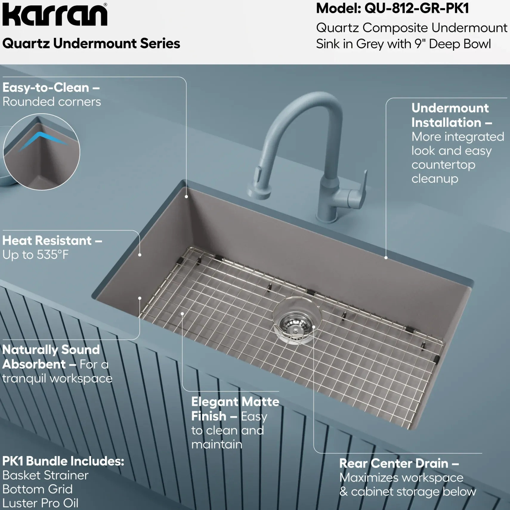 Karran 32" Undermount Quartz Composite Kitchen Sink with Accessories, Grey, QU-812-GR-PK1