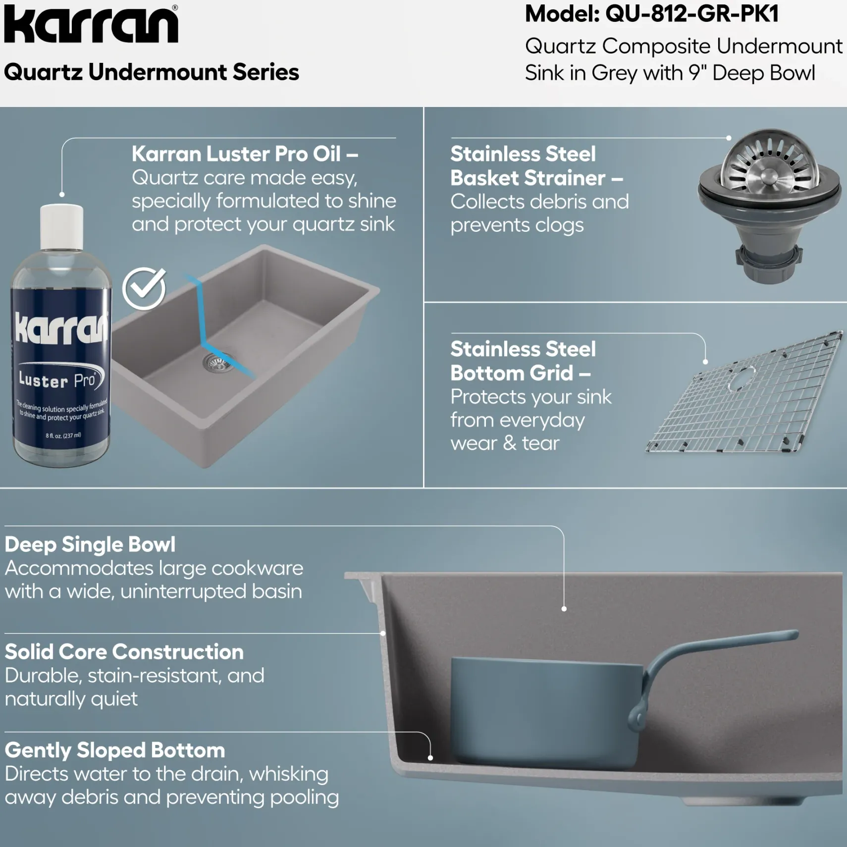 Karran 32" Undermount Quartz Composite Kitchen Sink with Accessories, Grey, QU-812-GR-PK1
