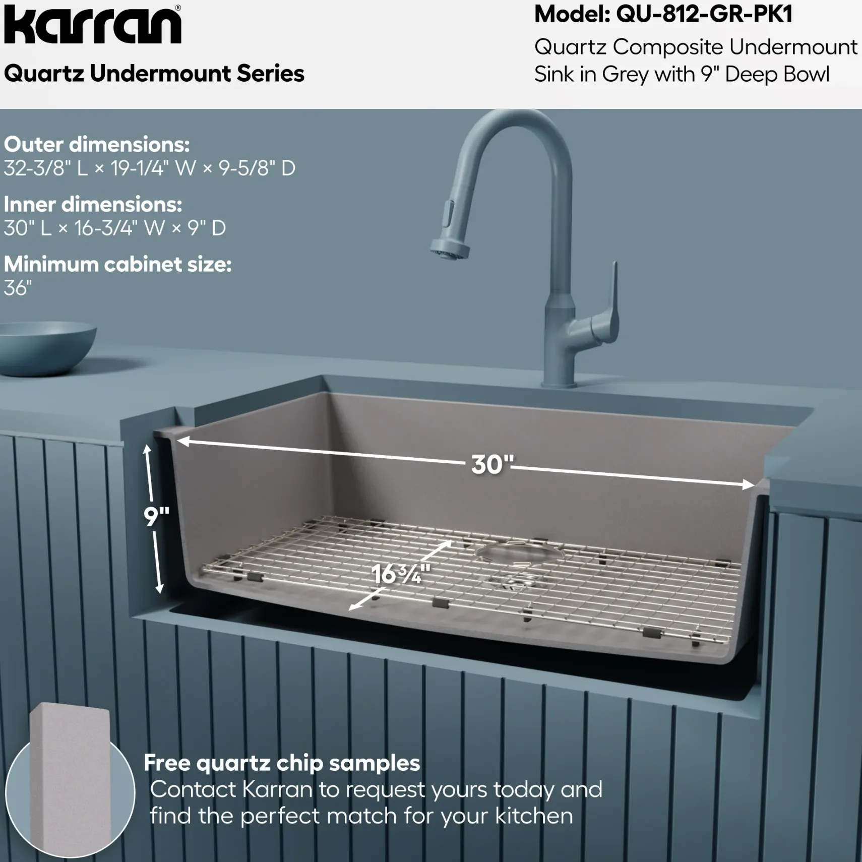 Karran 32" Undermount Quartz Composite Kitchen Sink with Accessories, Grey, QU-812-GR-PK1