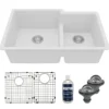 Karran 32" Undermount Quartz Composite Kitchen Sink with Accessories, 60/40 Double Bowl, White, QU-811-WH-PK1