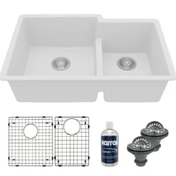 Karran 32" Undermount Quartz Composite Kitchen Sink with Accessories, 60/40 Double Bowl, White, QU-811-WH-PK1