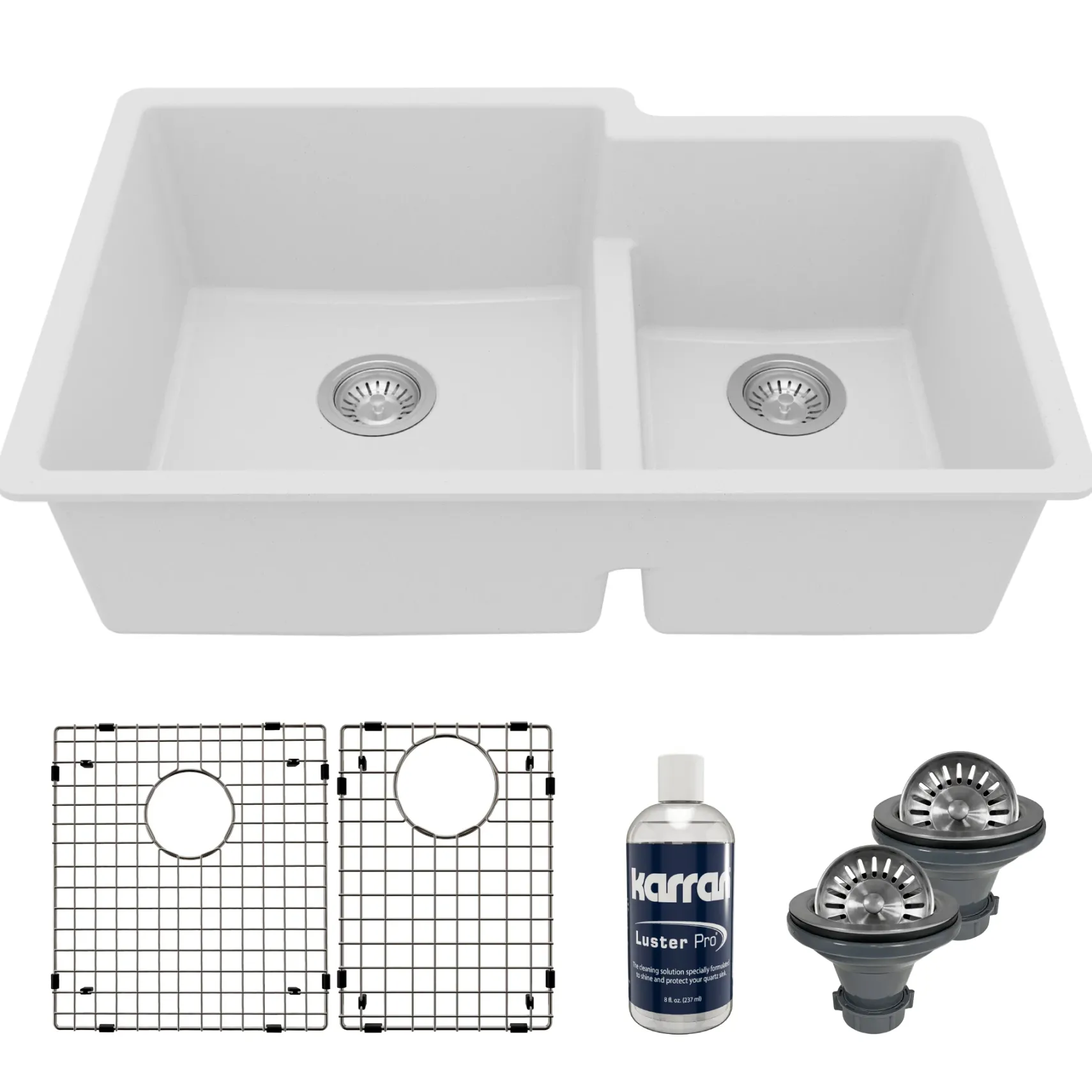 Karran 32" Undermount Quartz Composite Kitchen Sink with Accessories, 60/40 Double Bowl, White, QU-811-WH-PK1