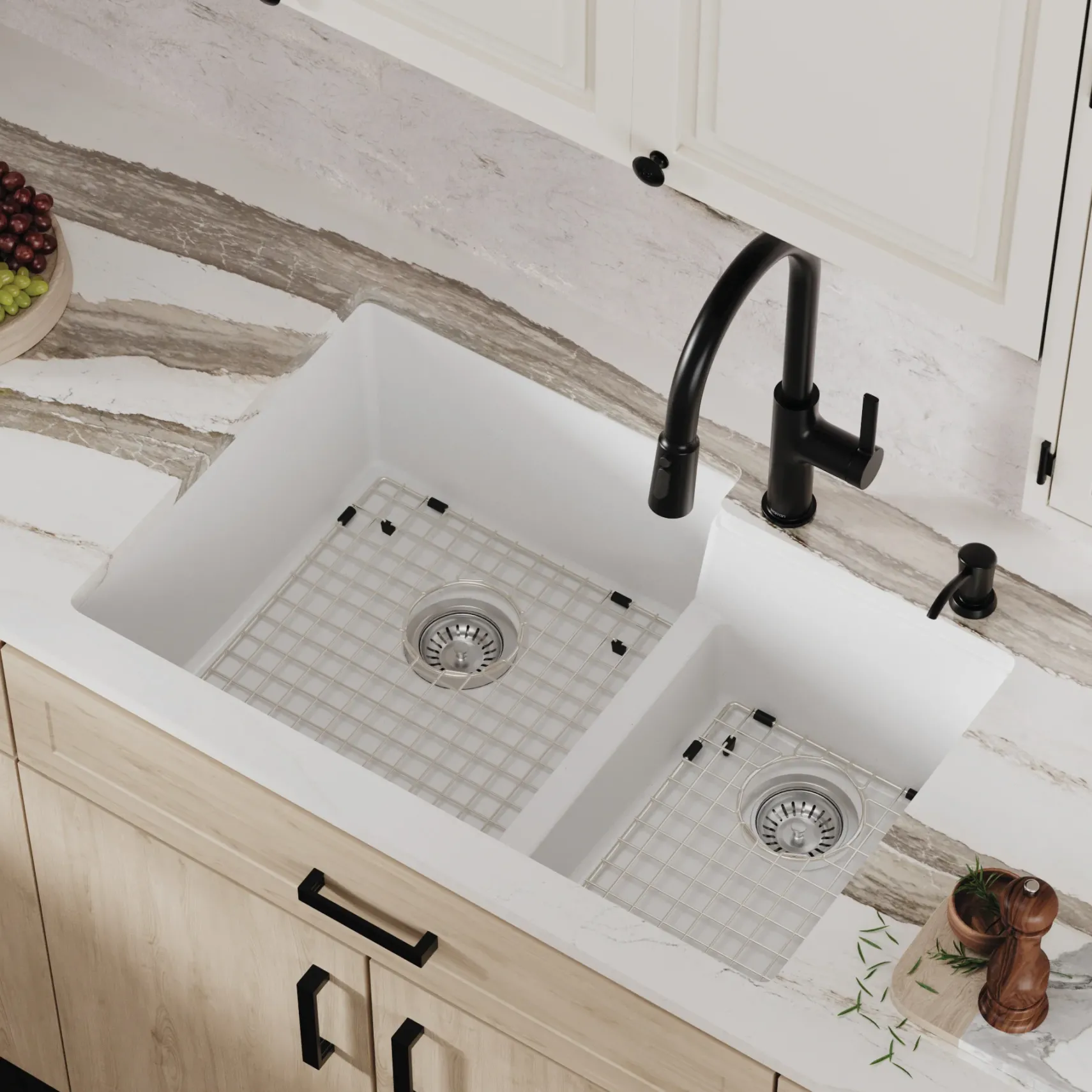 Karran 32" Undermount Quartz Composite Kitchen Sink with Accessories, 60/40 Double Bowl, White, QU-811-WH-PK1