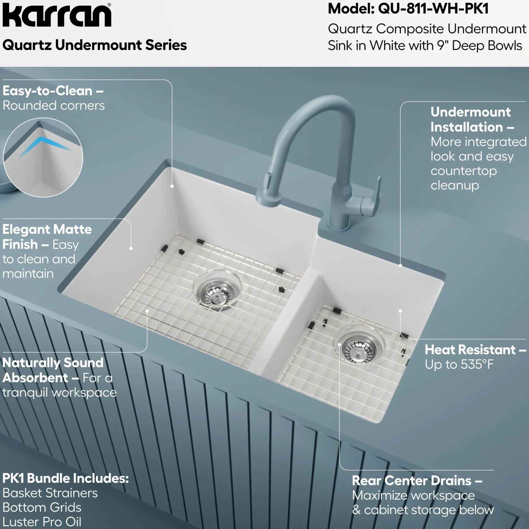 Karran 32" Undermount Quartz Composite Kitchen Sink with Accessories, 60/40 Double Bowl, White, QU-811-WH-PK1