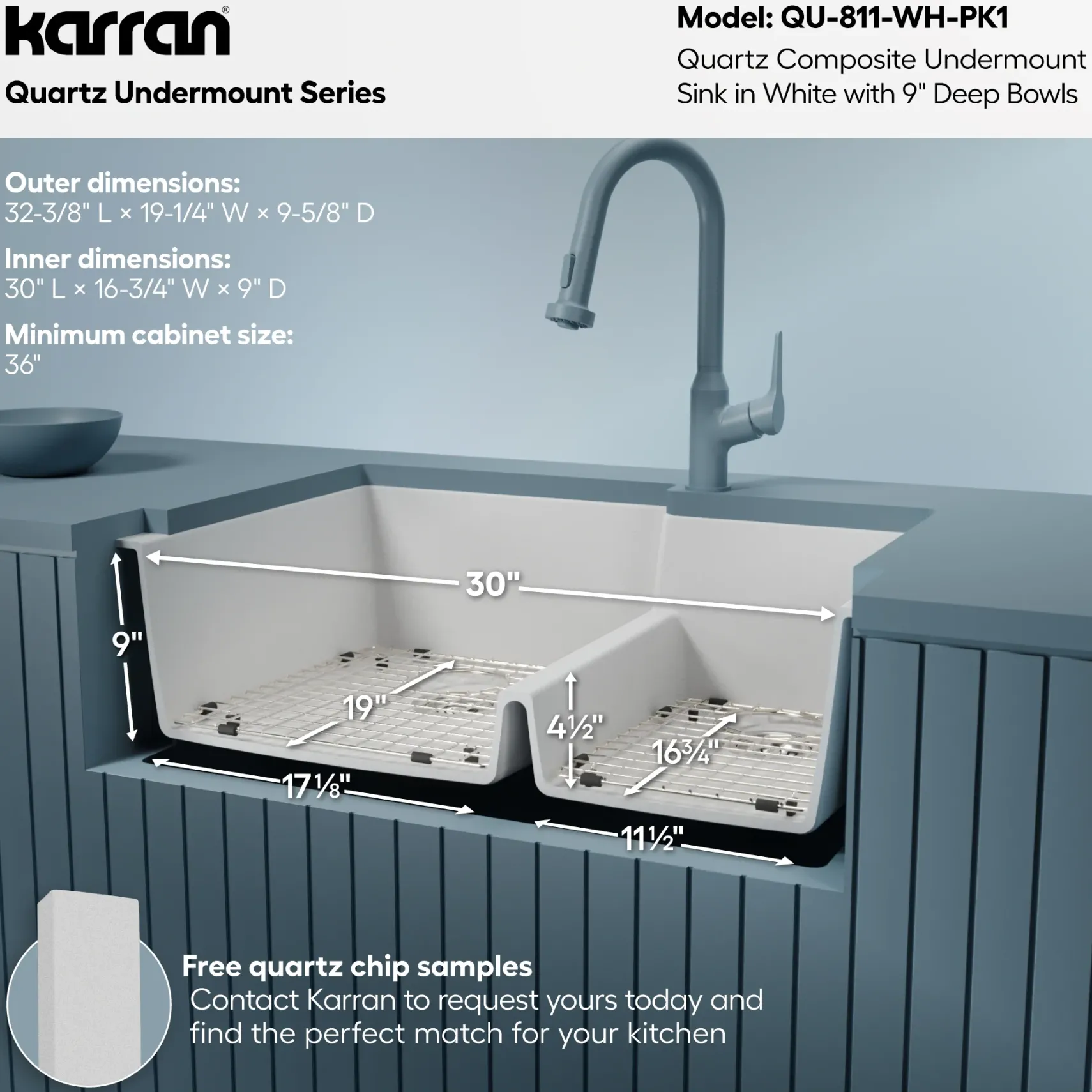Karran 32" Undermount Quartz Composite Kitchen Sink with Accessories, 60/40 Double Bowl, White, QU-811-WH-PK1