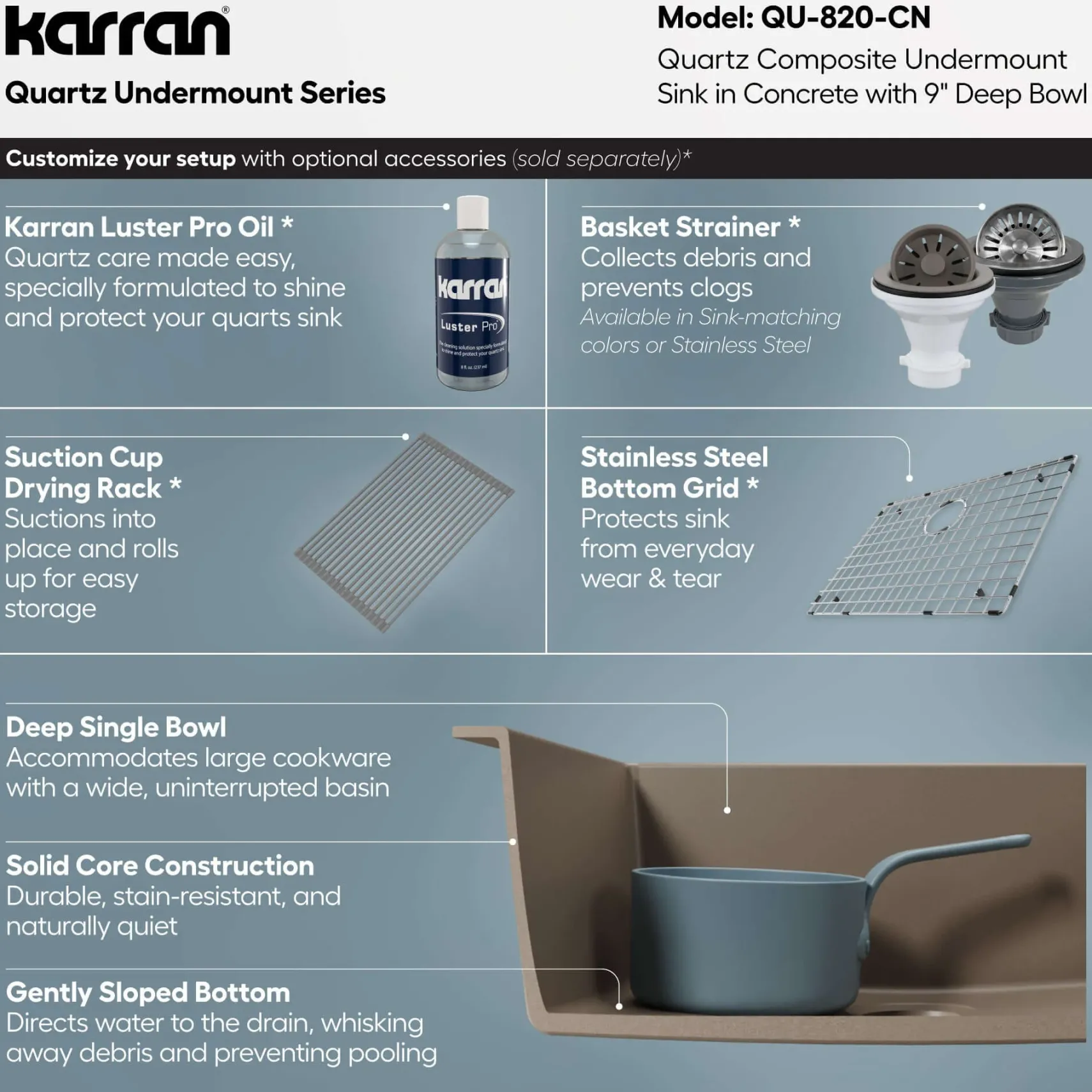 Karran 24" Undermount Quartz Composite Kitchen Sink, Concrete, QU-820-CN