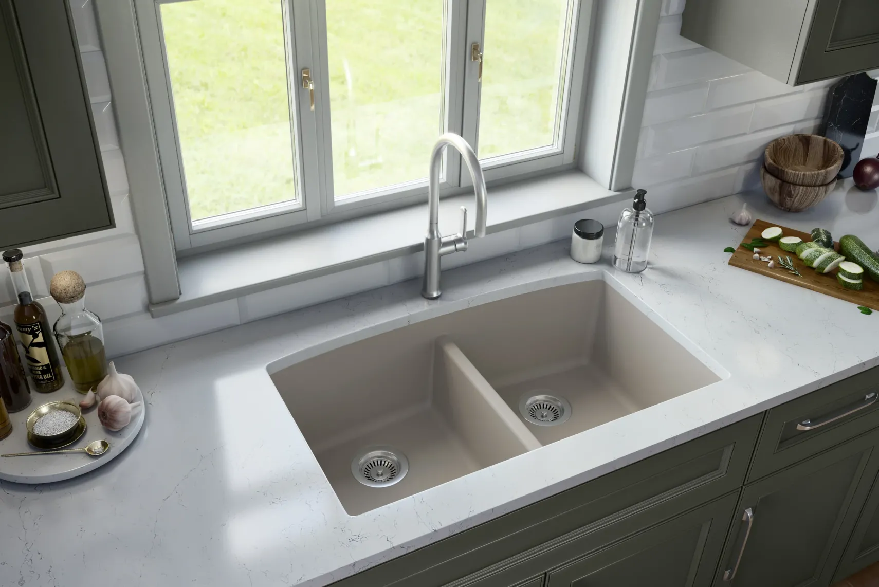 Karran 33" Undermount Quartz Composite Kitchen Sink, 50/50 Double Bowl, Concrete, QU-710-CN
