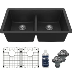Karran 32" Undermount Quartz Composite Kitchen Sink with Accessories, 50/50 Double Bowl, Black, QU-810-BL-PK1