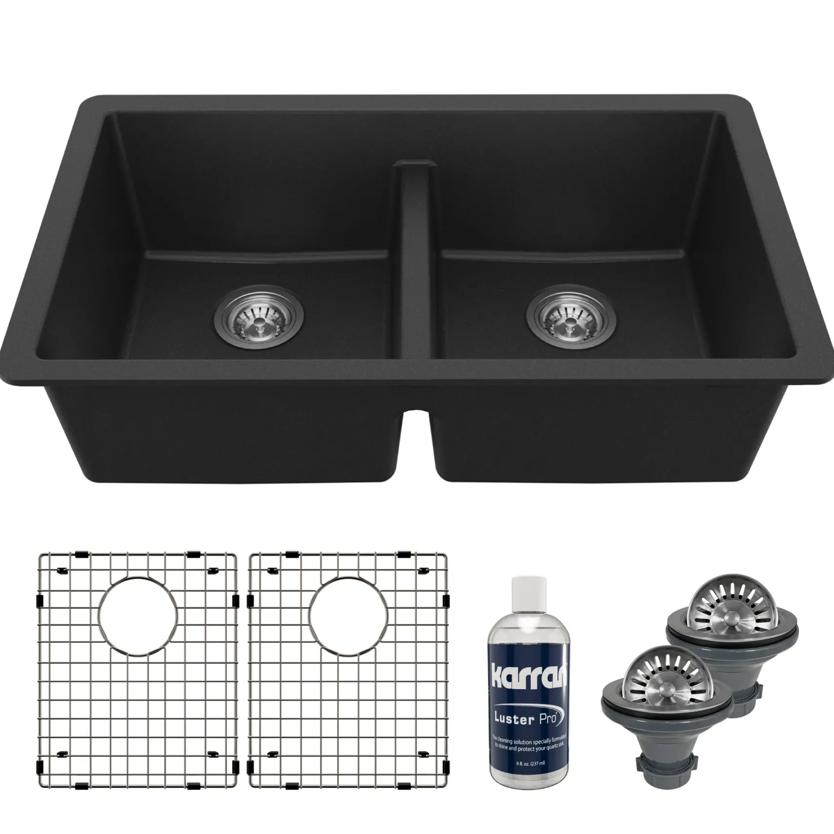 Karran 32" Undermount Quartz Composite Kitchen Sink with Accessories, 50/50 Double Bowl, Black, QU-810-BL-PK1