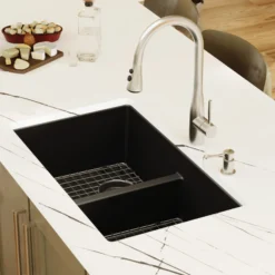 Karran 32" Undermount Quartz Composite Kitchen Sink with Accessories, 50/50 Double Bowl, Black, QU-810-BL-PK1
