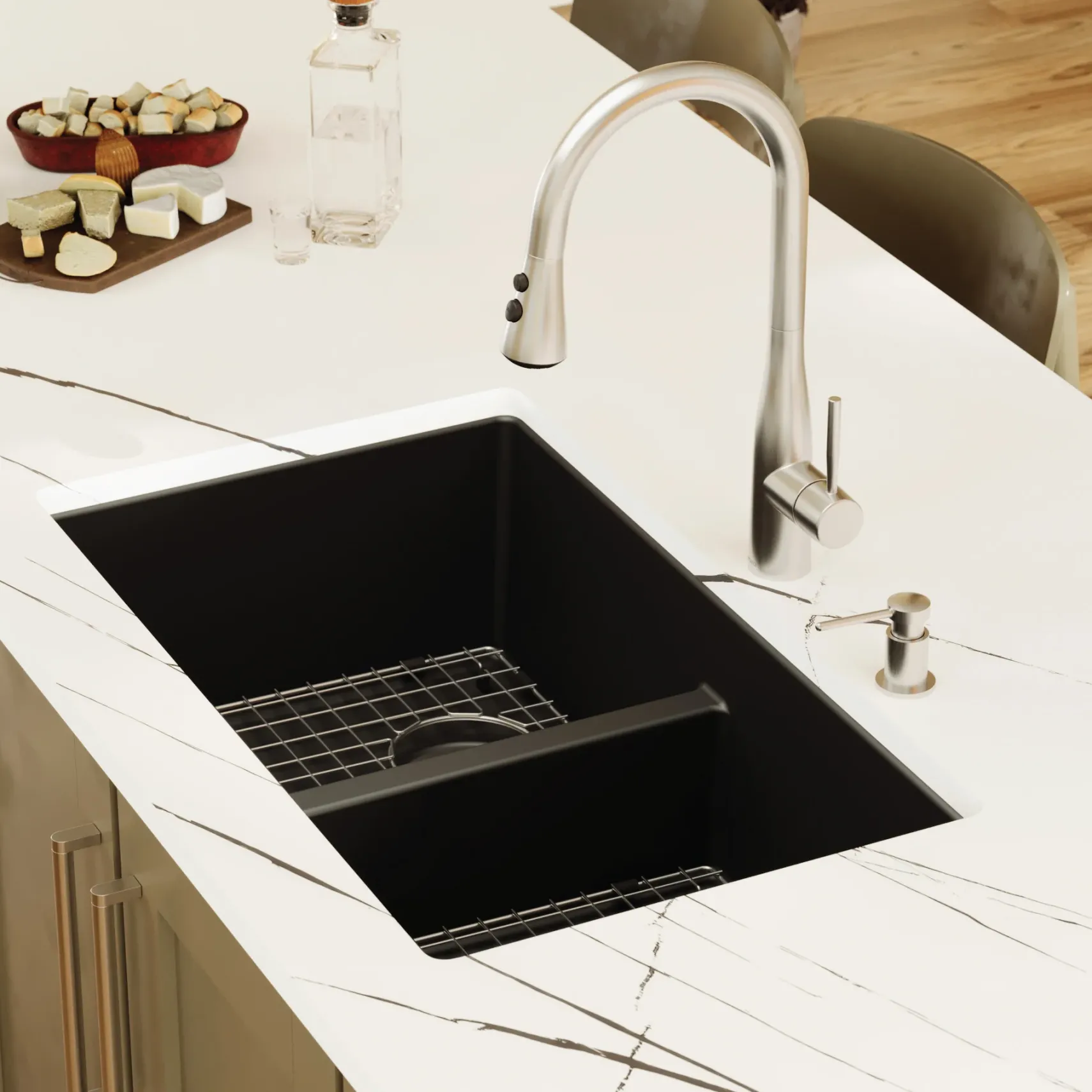 Karran 32" Undermount Quartz Composite Kitchen Sink with Accessories, 50/50 Double Bowl, Black, QU-810-BL-PK1