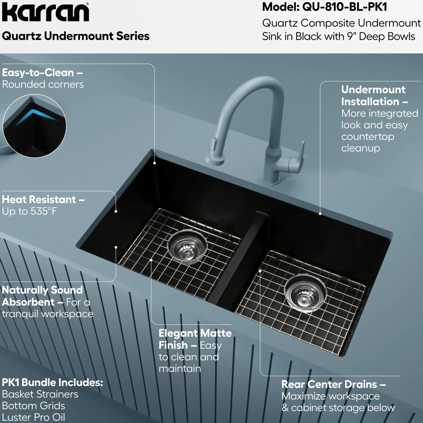 Karran 32" Undermount Quartz Composite Kitchen Sink with Accessories, 50/50 Double Bowl, Black, QU-810-BL-PK1