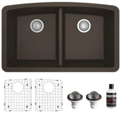 Karran 33" Undermount Quartz Composite Kitchen Sink, 50/50 Double Bowl, Brown, QU-710-BR-PK1
