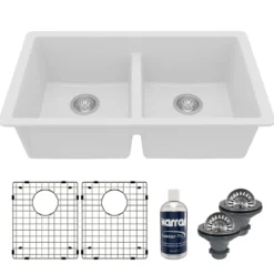 Karran 32" Undermount Quartz Composite Kitchen Sink with Accessories, 50/50 Double Bowl, White, QU-810-WH-PK1