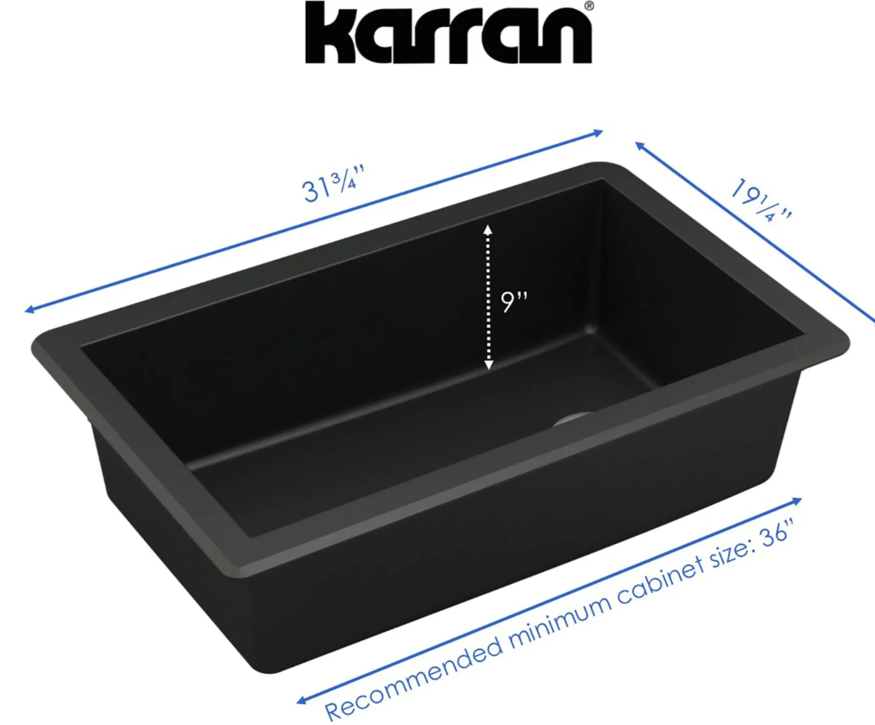 Karran 32" Undermount Quartz Composite Kitchen Sink, Black, QU-670-BL-PK1