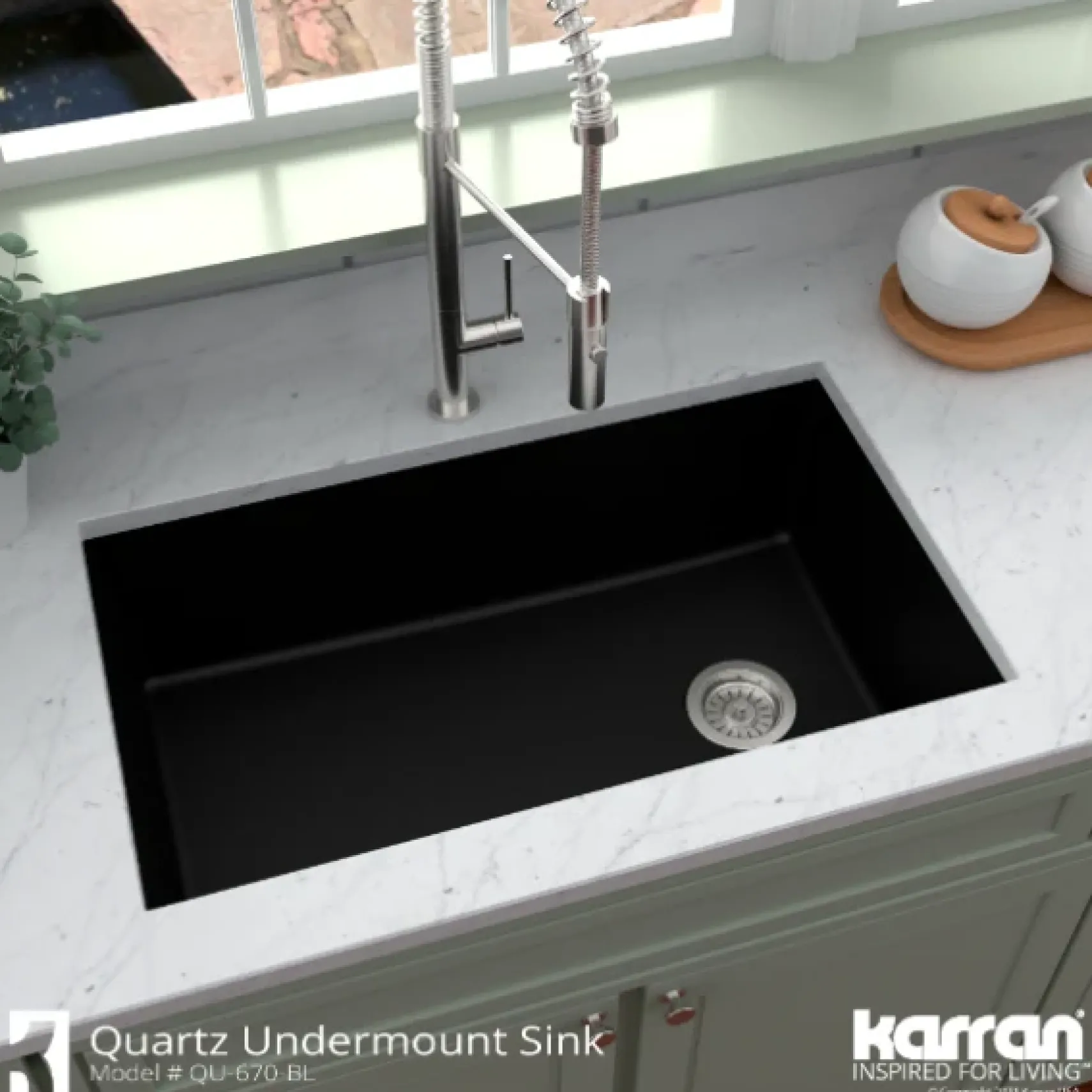 Karran 32" Undermount Quartz Composite Kitchen Sink, Black, QU-670-BL-PK1