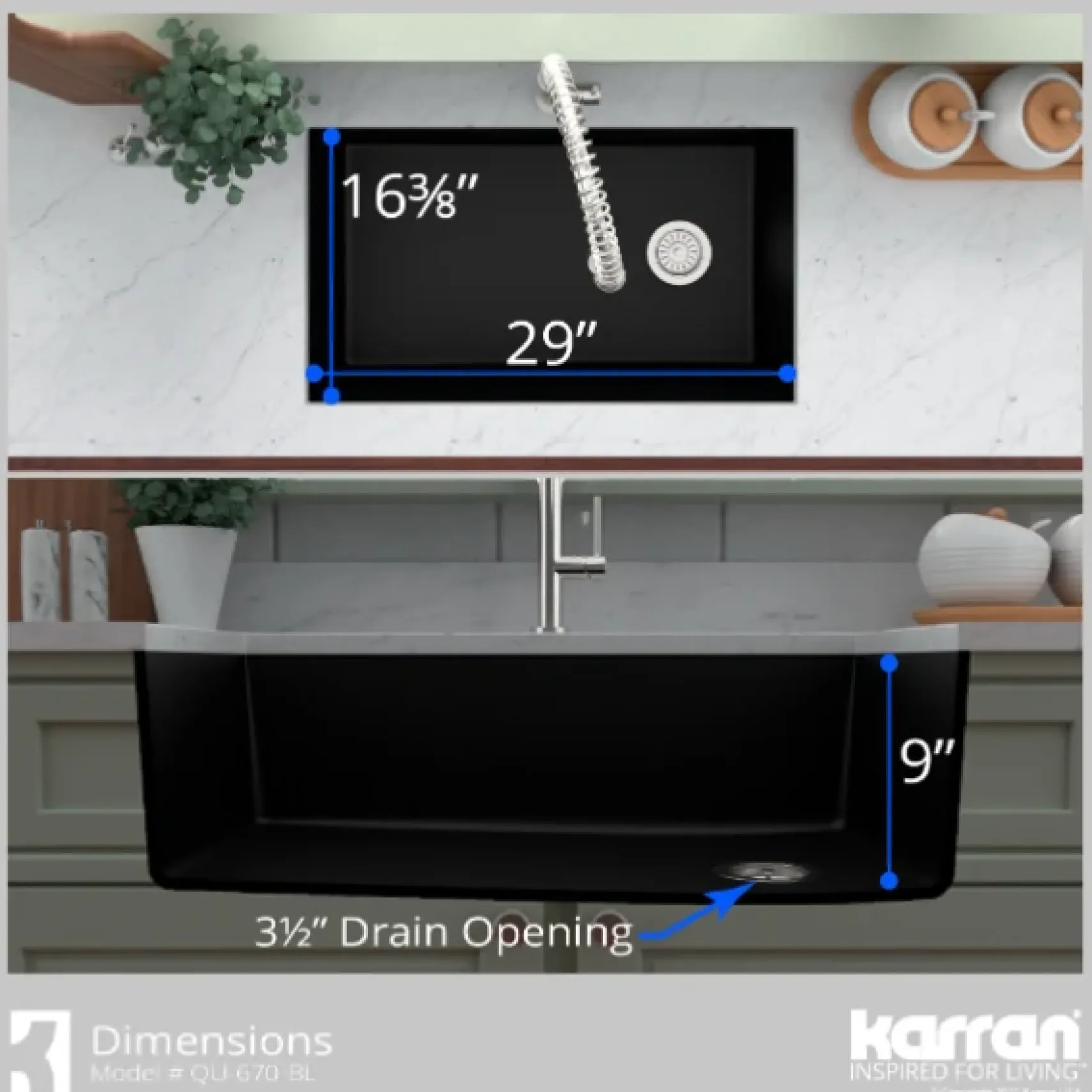 Karran 32" Undermount Quartz Composite Kitchen Sink, Black, QU-670-BL-PK1