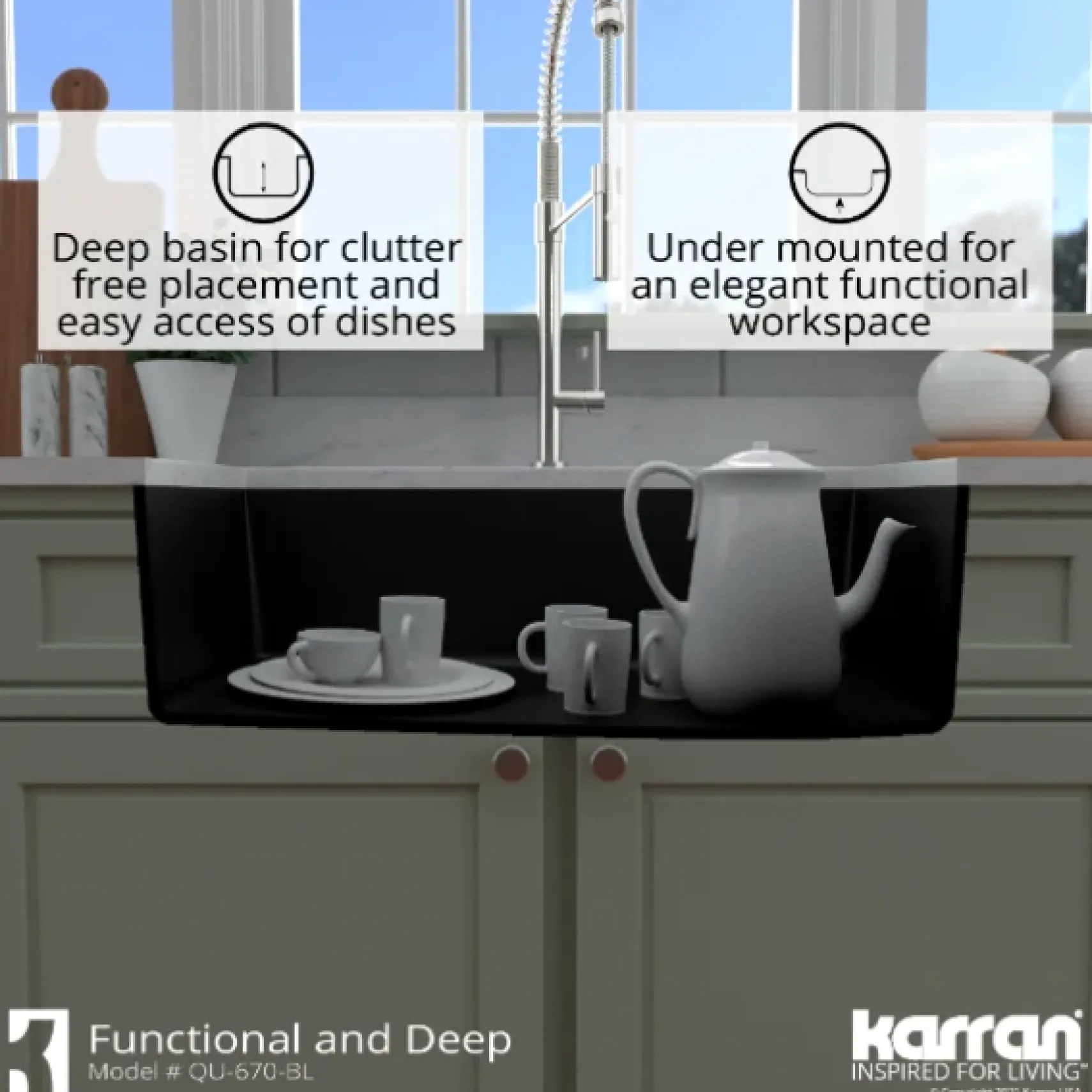 Karran 32" Undermount Quartz Composite Kitchen Sink, Black, QU-670-BL-PK1