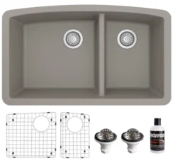 Karran 32" Undermount Quartz Composite Kitchen Sink, 60/40 Double Bowl, Concrete, QU-711-CN-PK1