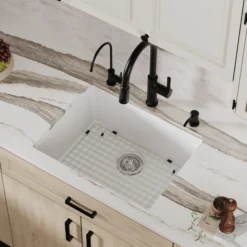 Karran 24" Undermount Quartz Composite Kitchen Sink with Accessories, White, QU-820-WH-PK1