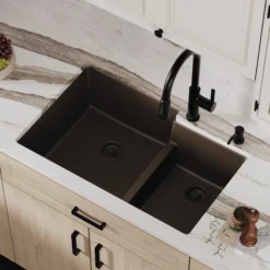 Karran 32" Undermount Quartz Composite Kitchen Sink, 60/40 Double Bowl, Brown, QU-811-BR