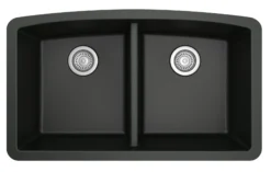 Karran 33" Undermount Quartz Composite Kitchen Sink, 50/50 Double Bowl, Black, QU-710-BL