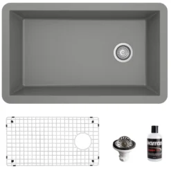 Karran 32" Undermount Quartz Composite Kitchen Sink, Grey, QU-670-GR-PK1