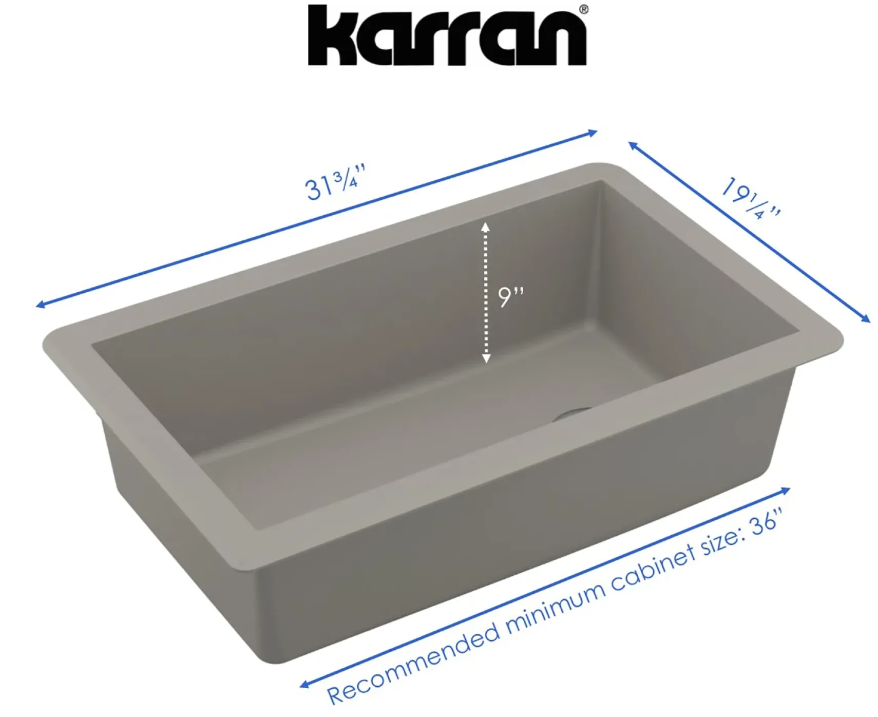 Karran 32" Undermount Quartz Composite Kitchen Sink, Concrete, QU-670-CN