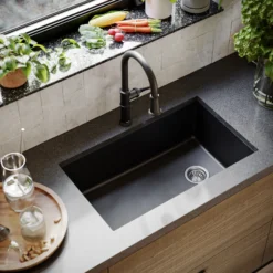 Karran 32" Undermount Quartz Composite Kitchen Sink, Black, QU-670-BL