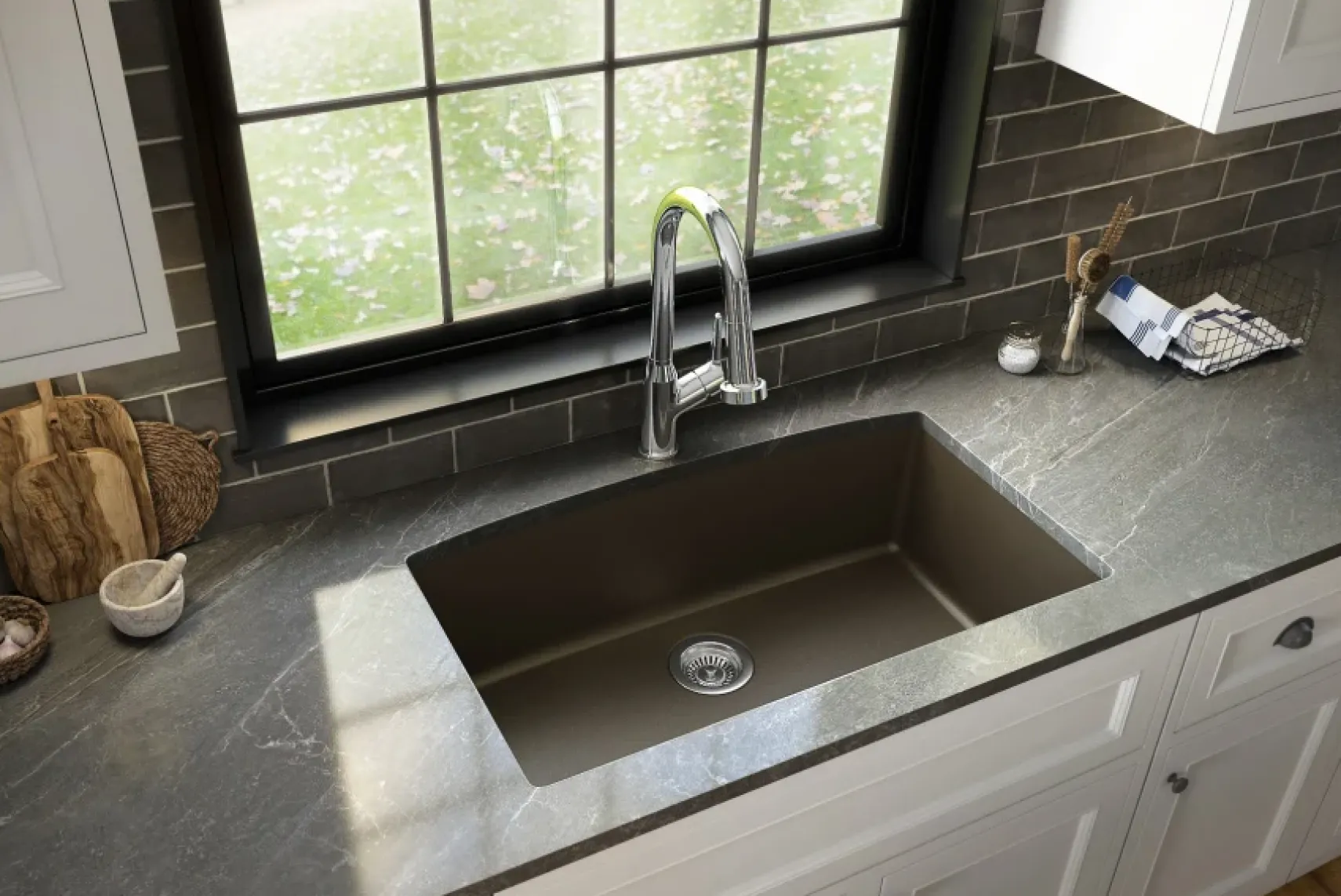 Karran 32" Undermount Quartz Composite Kitchen Sink, Brown, QU-712-BR-PK1
