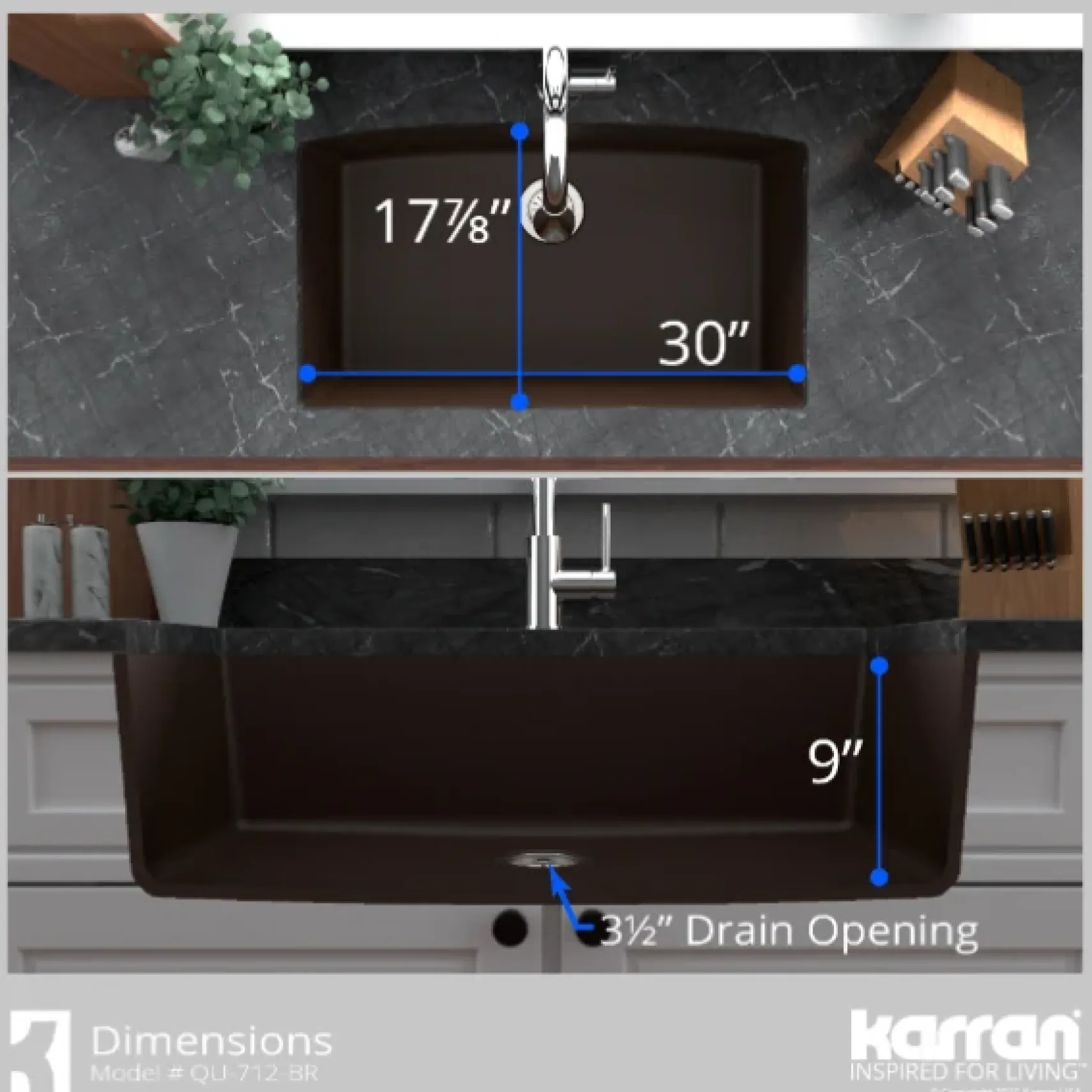 Karran 32" Undermount Quartz Composite Kitchen Sink, Brown, QU-712-BR-PK1