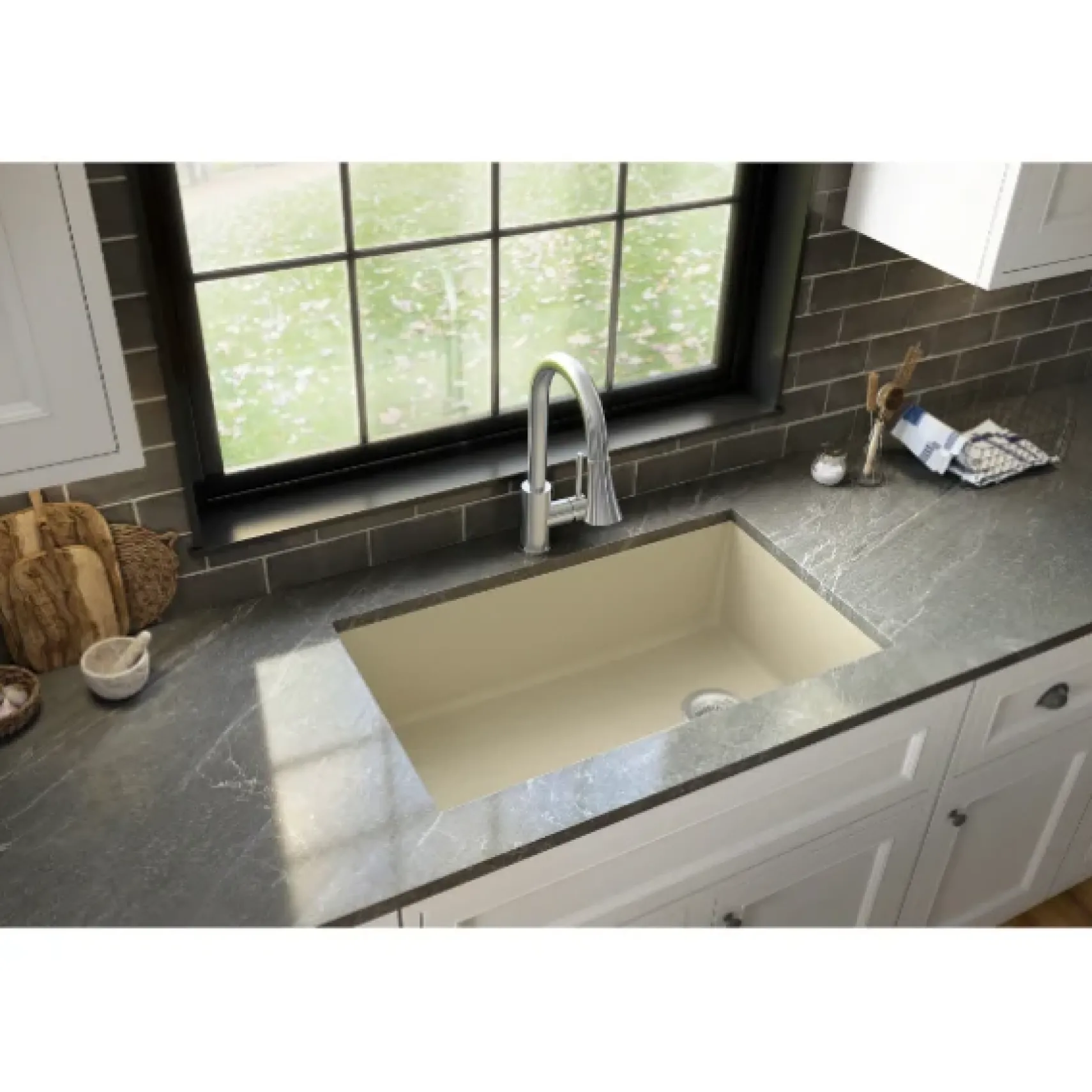 Karran 32" Undermount Quartz Composite Kitchen Sink, Bisque, QU-670-BI-PK1