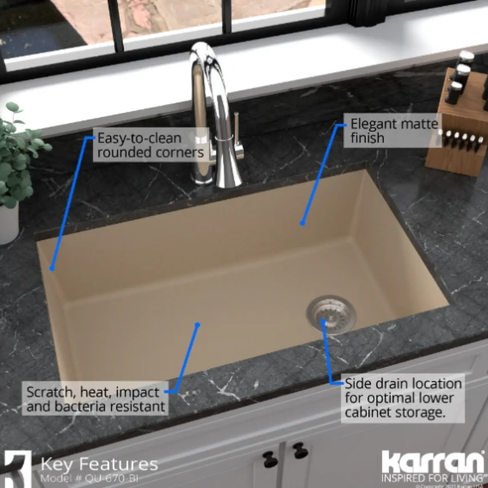 Karran 32" Undermount Quartz Composite Kitchen Sink, Bisque, QU-670-BI-PK1