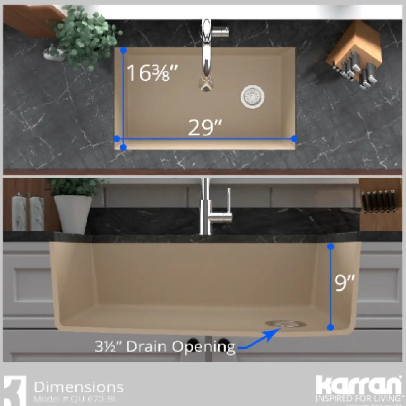 Karran 32" Undermount Quartz Composite Kitchen Sink, Bisque, QU-670-BI-PK1