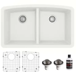 Karran 33" Undermount Quartz Composite Kitchen Sink, 50/50 Double Bowl, White, QU-710-WH-PK1