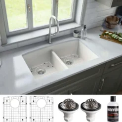 Karran 33" Undermount Quartz Composite Kitchen Sink, 50/50 Double Bowl, White, QU-710-WH-PK1
