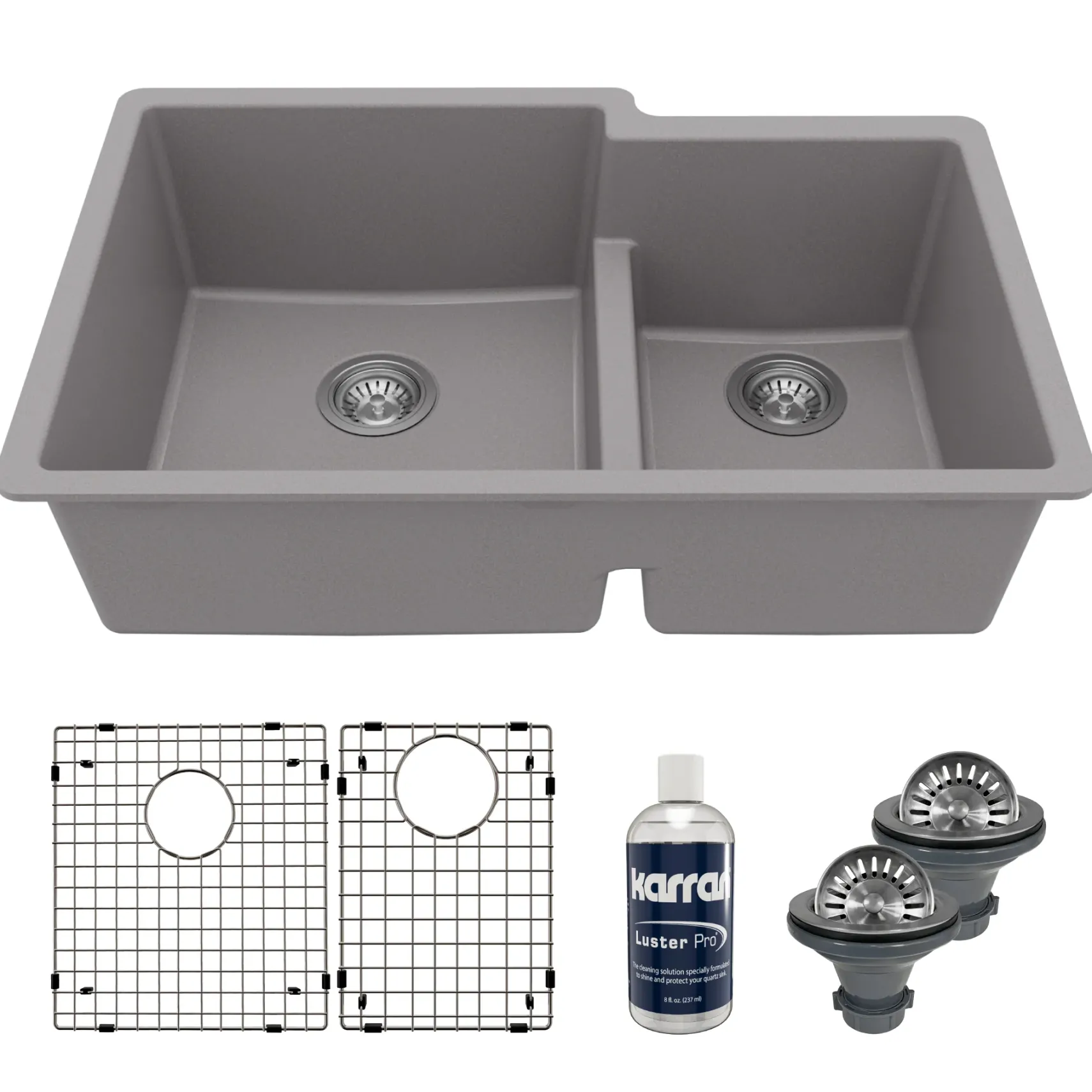 Karran 32" Undermount Quartz Composite Kitchen Sink with Accessories, 60/40 Double Bowl, Grey, QU-811-GR-PK1