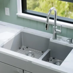 Karran 32" Undermount Quartz Composite Kitchen Sink with Accessories, 60/40 Double Bowl, Grey, QU-811-GR-PK1
