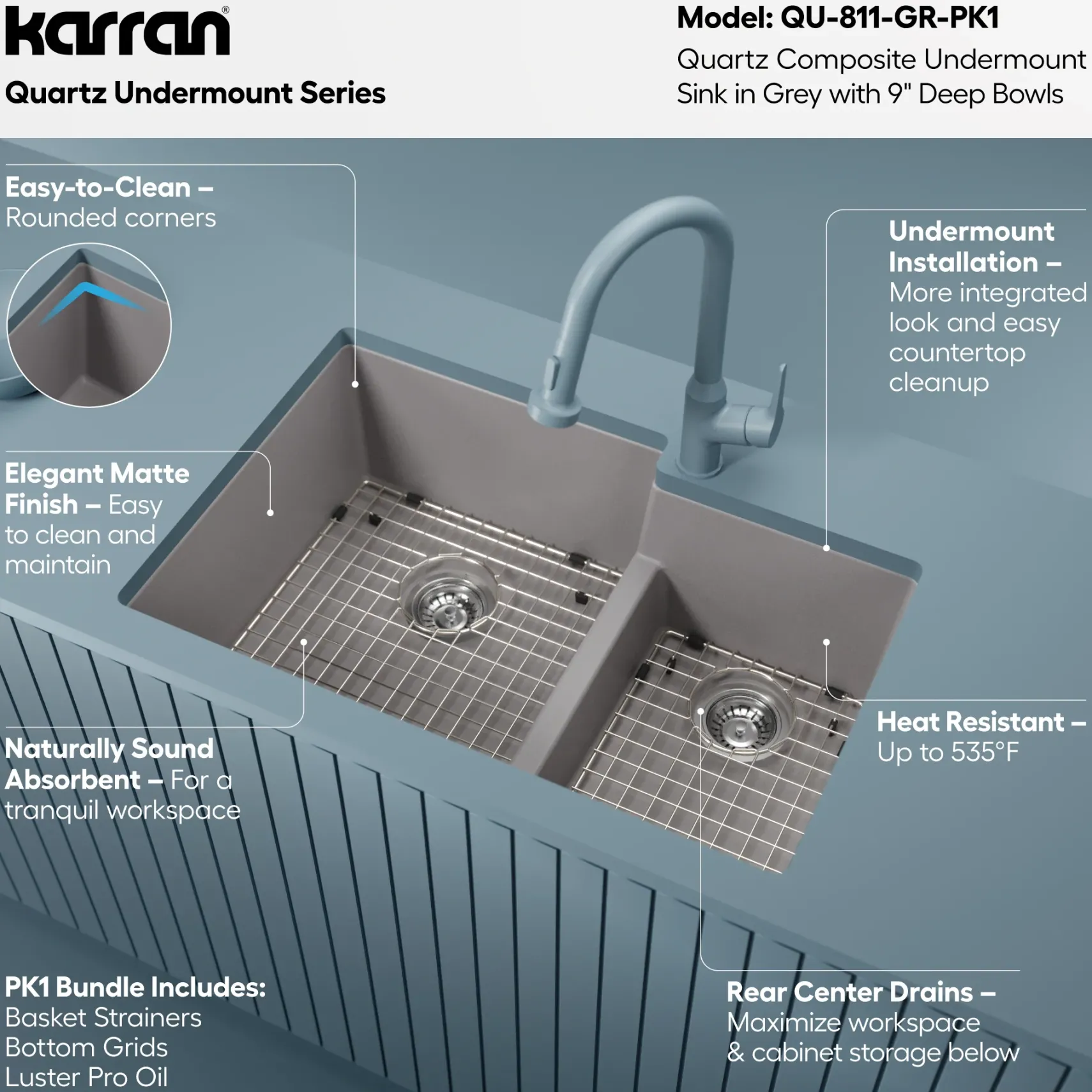 Karran 32" Undermount Quartz Composite Kitchen Sink with Accessories, 60/40 Double Bowl, Grey, QU-811-GR-PK1