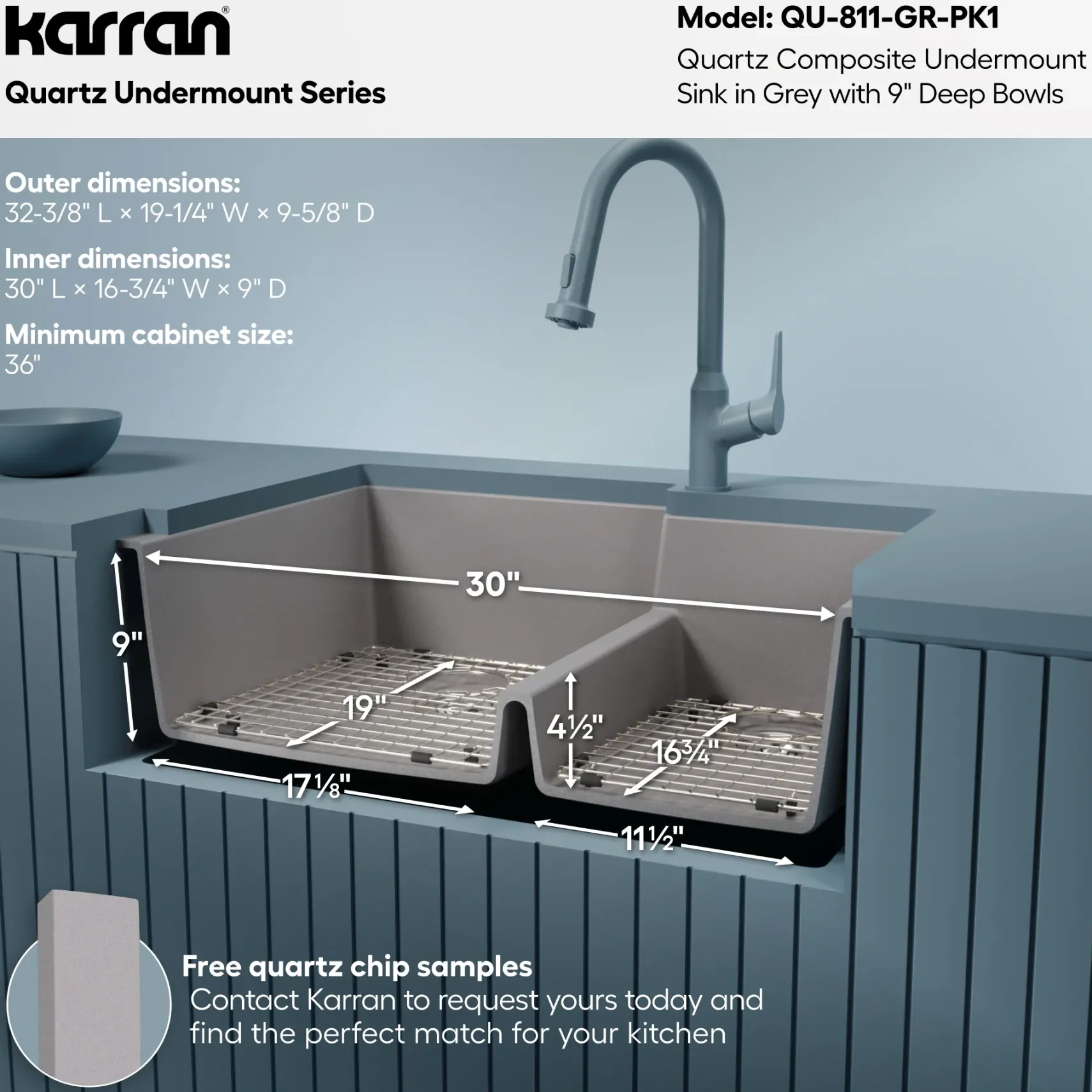 Karran 32" Undermount Quartz Composite Kitchen Sink with Accessories, 60/40 Double Bowl, Grey, QU-811-GR-PK1