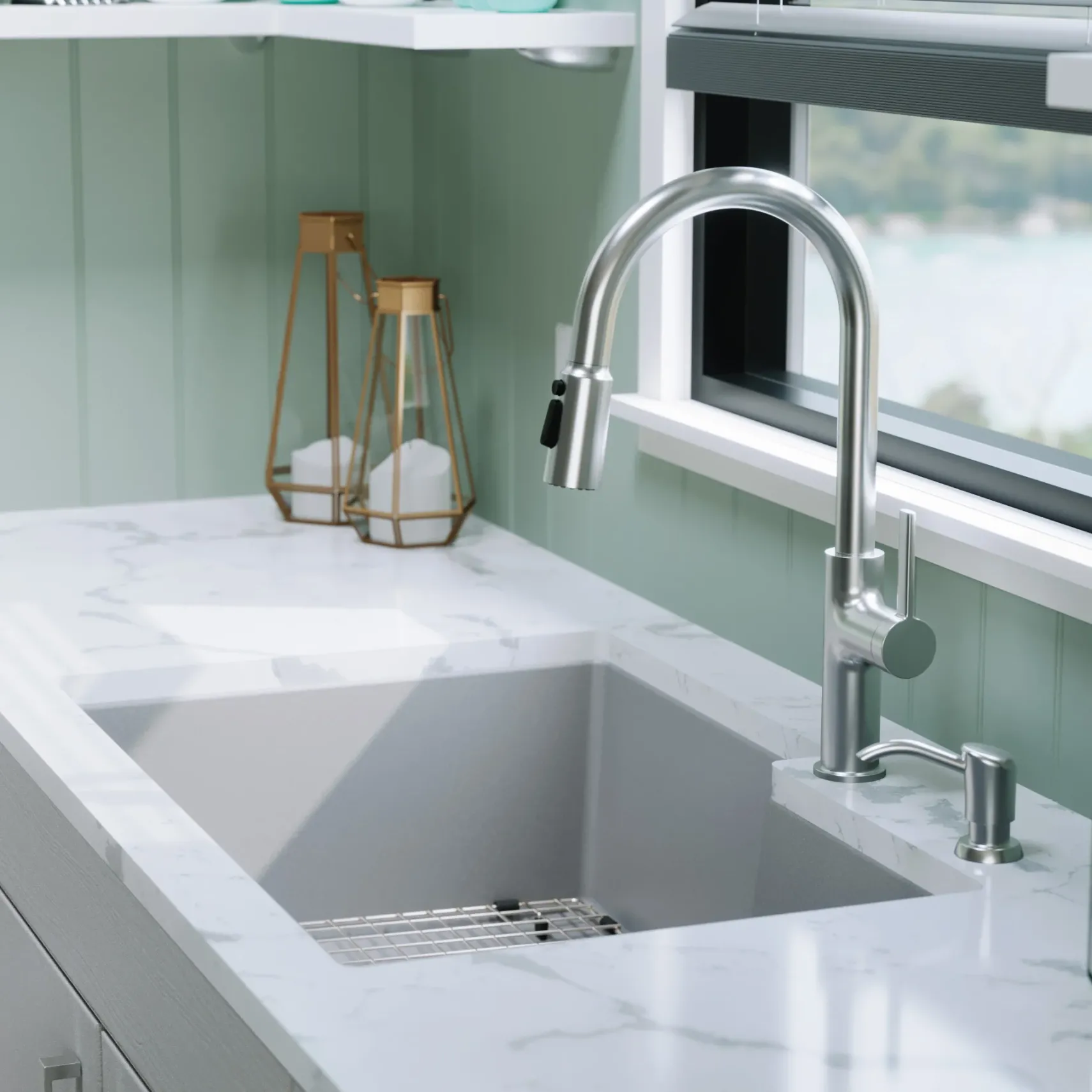 Karran 32" Undermount Quartz Composite Kitchen Sink with Accessories, 60/40 Double Bowl, Grey, QU-811-GR-PK1
