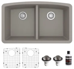 Karran 33" Undermount Quartz Composite Kitchen Sink, 50/50 Double Bowl, Concrete, QU-710-CN-PK1