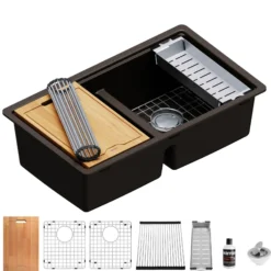 Karran 33" Undermount Quartz Composite Kitchen Sink, 50/50 Double Bowl, Brown, QUWS-880-BR