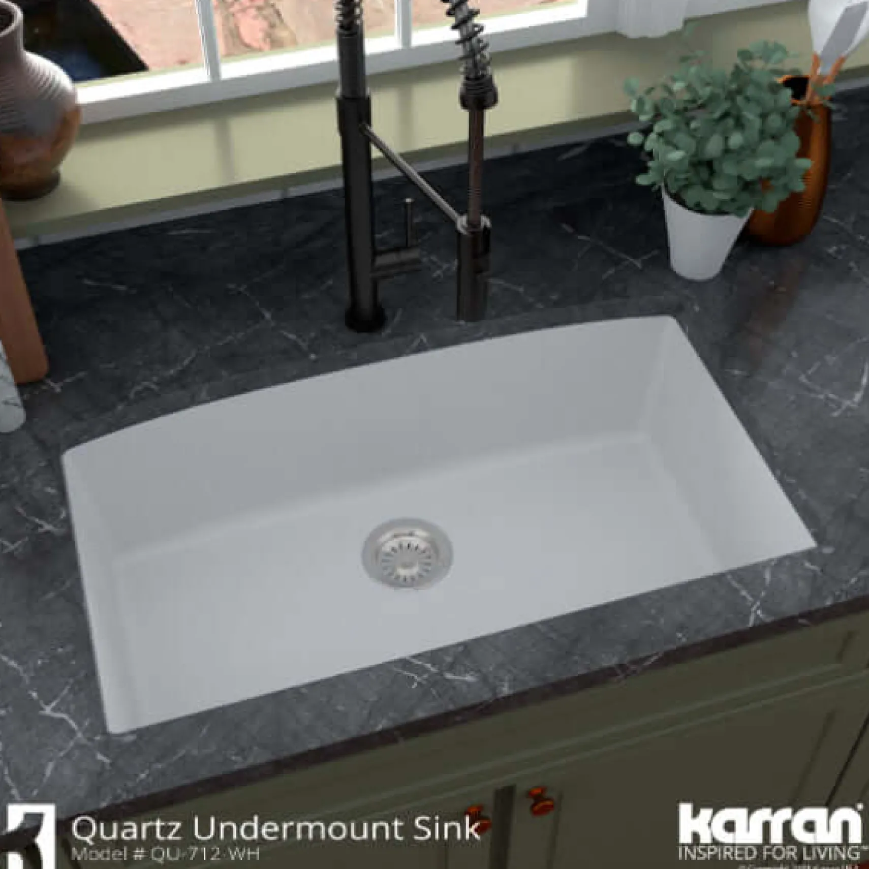 Karran 32" Undermount Quartz Composite Kitchen Sink, White, QU-712-WH-PK1