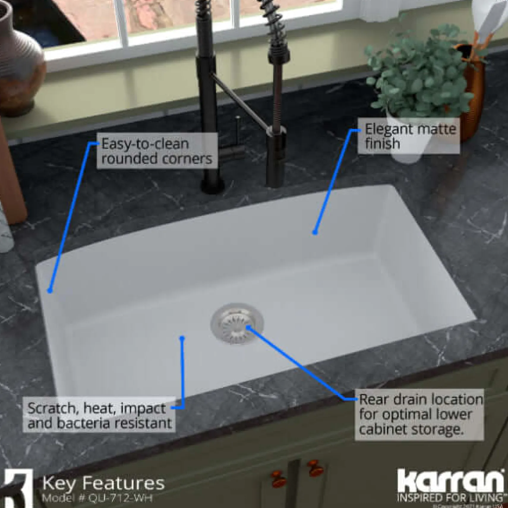 Karran 32" Undermount Quartz Composite Kitchen Sink, White, QU-712-WH-PK1